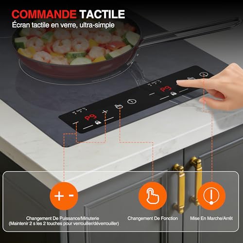Detalle de GTKZW Plaque Induction 2 Feux 3000W – Modèle portable encastrable ou libre avec 9 niveaux et minuterie