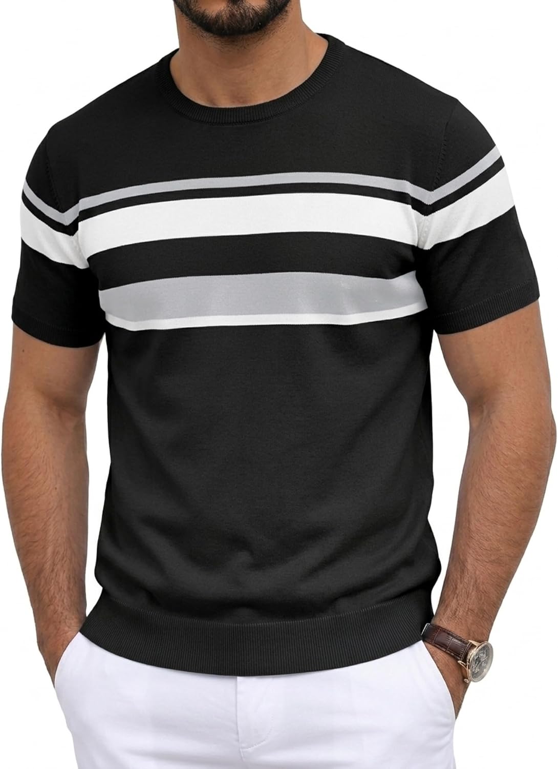 Thumbnail 6 de Aulemen Herren Strick Kurzarm Streifen-T-Shirt – Regular Fit, bügelfrei & knitterfrei
