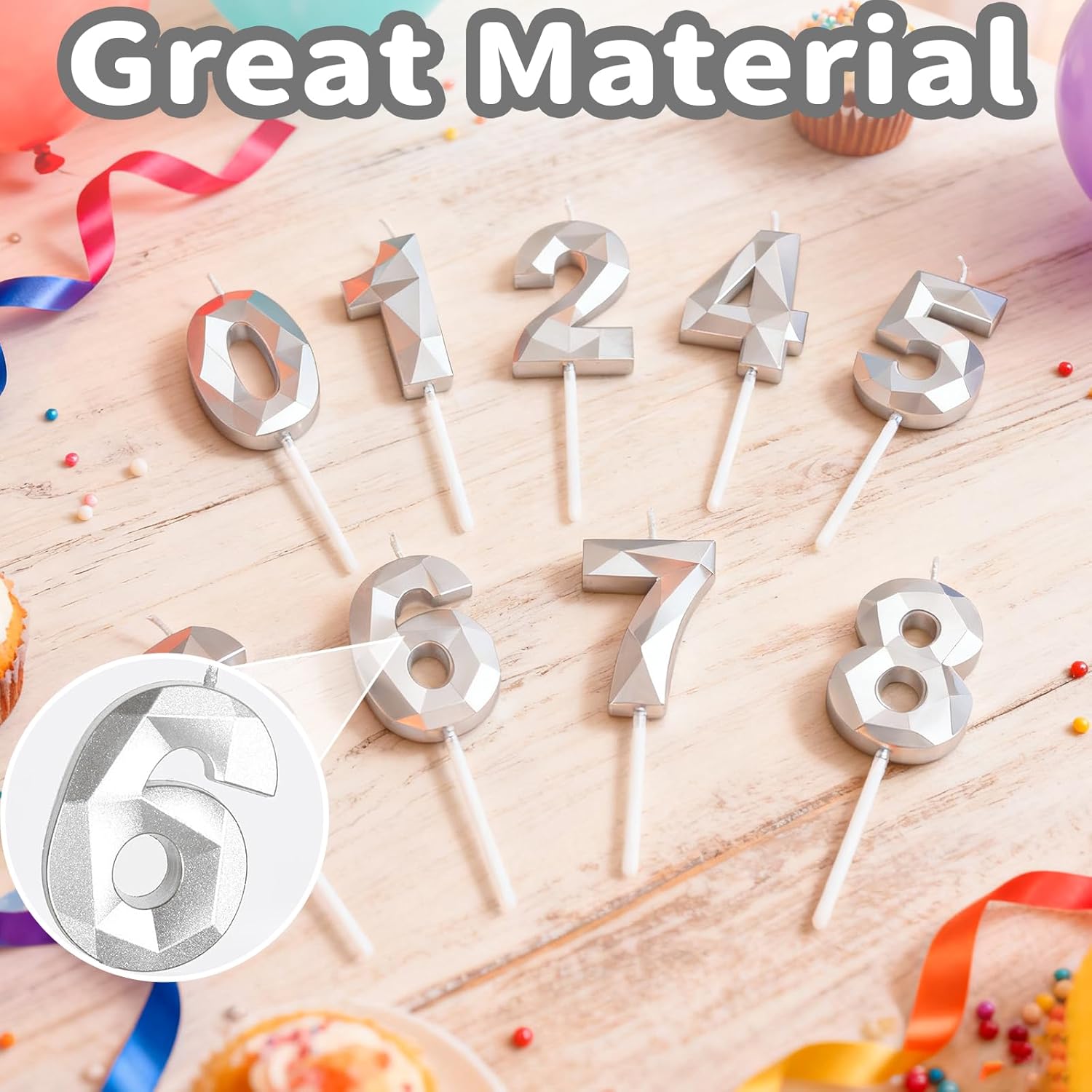 Thumbnail 1 de Geburtstagskerzen Silber Zahlen 16-3D – 2er-Set für Geburtstagstorte (1 und 6) in Silber