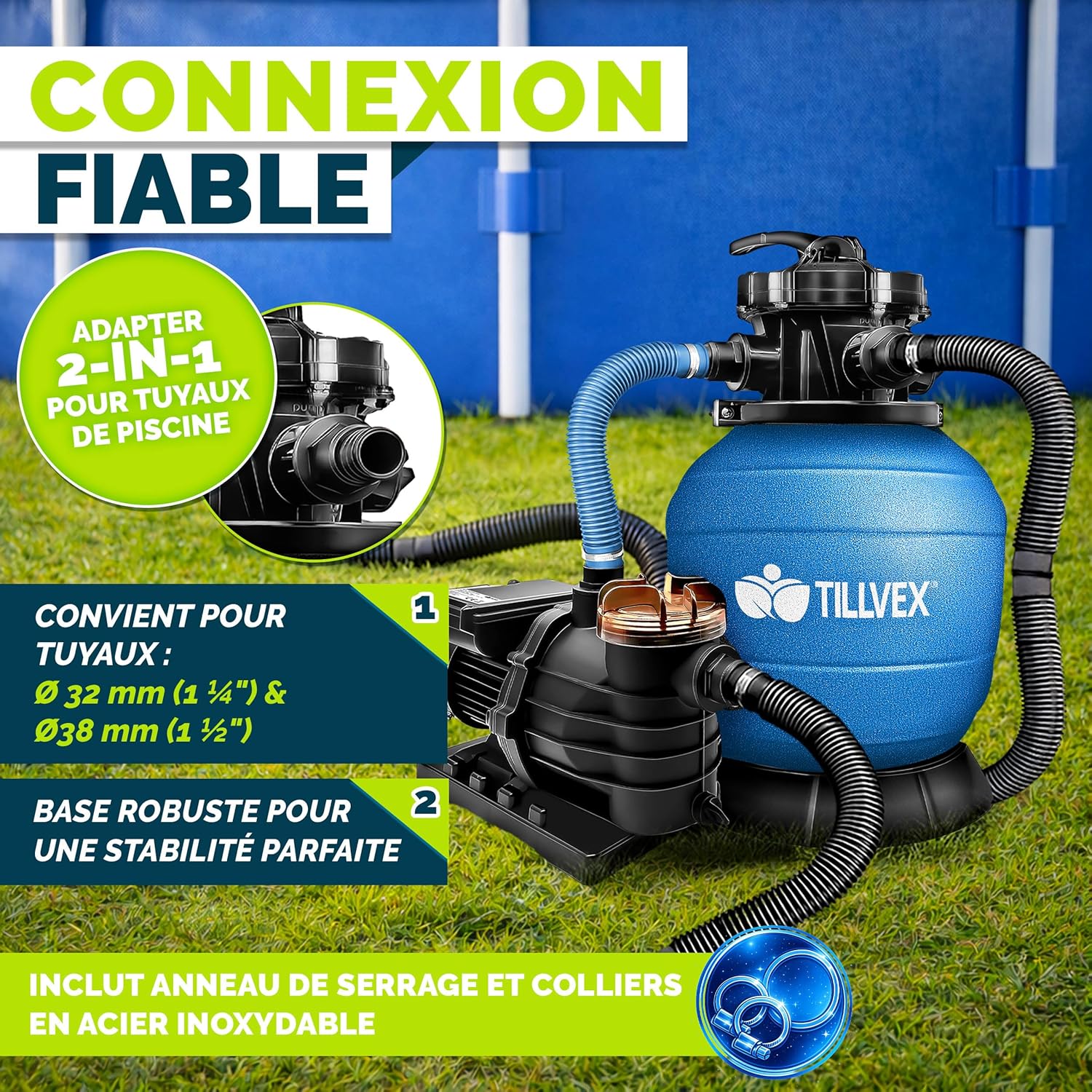 Thumbnail 6 de tillvex Système de Filtre à Sable 10 m³/h (7 voies) avec 800 g de boules filtrantes et manomètre