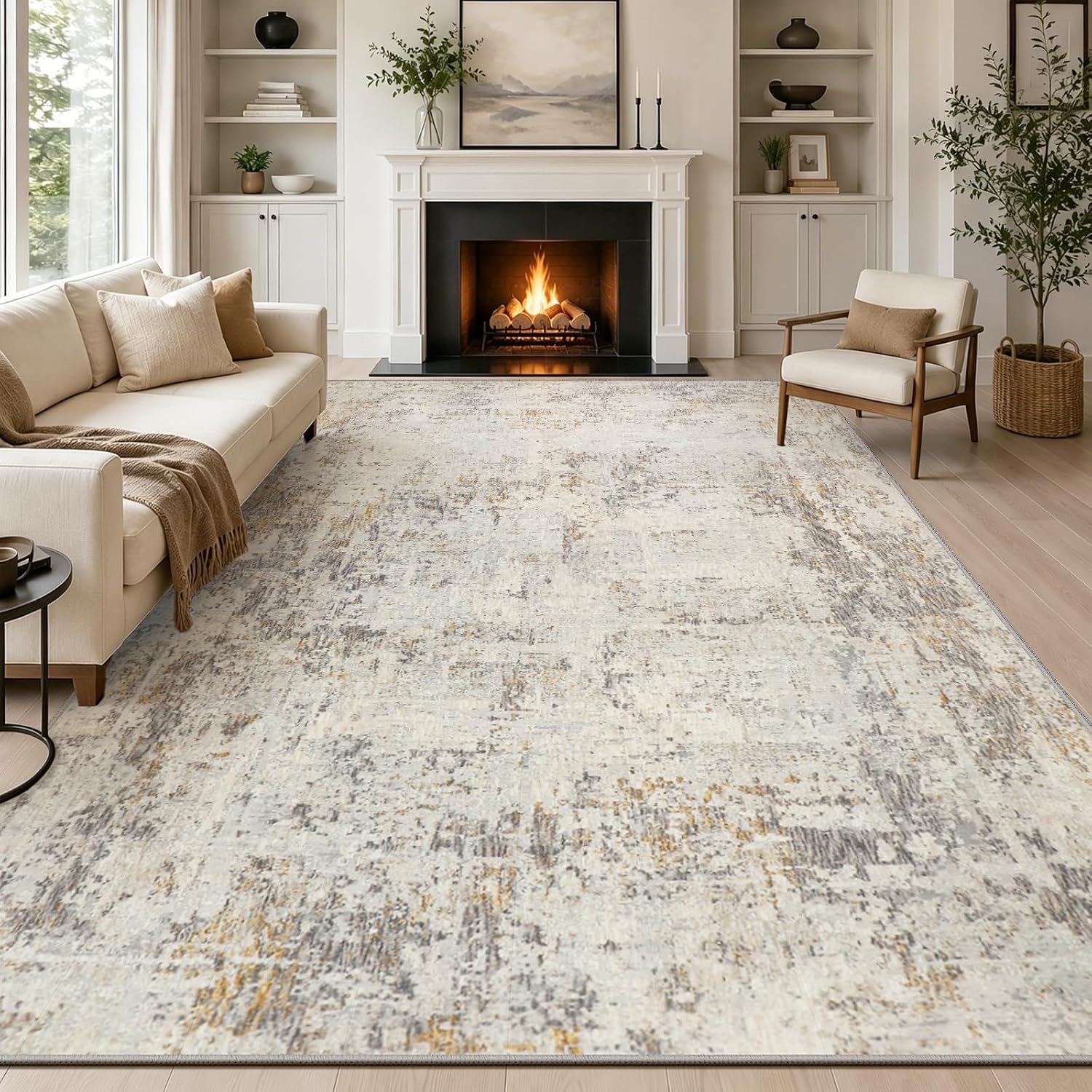 Detalle de Capslpad 240x340cm Large Modern Abstract Rug – Non-slip, Short-Pile Faux Wool, Beige
