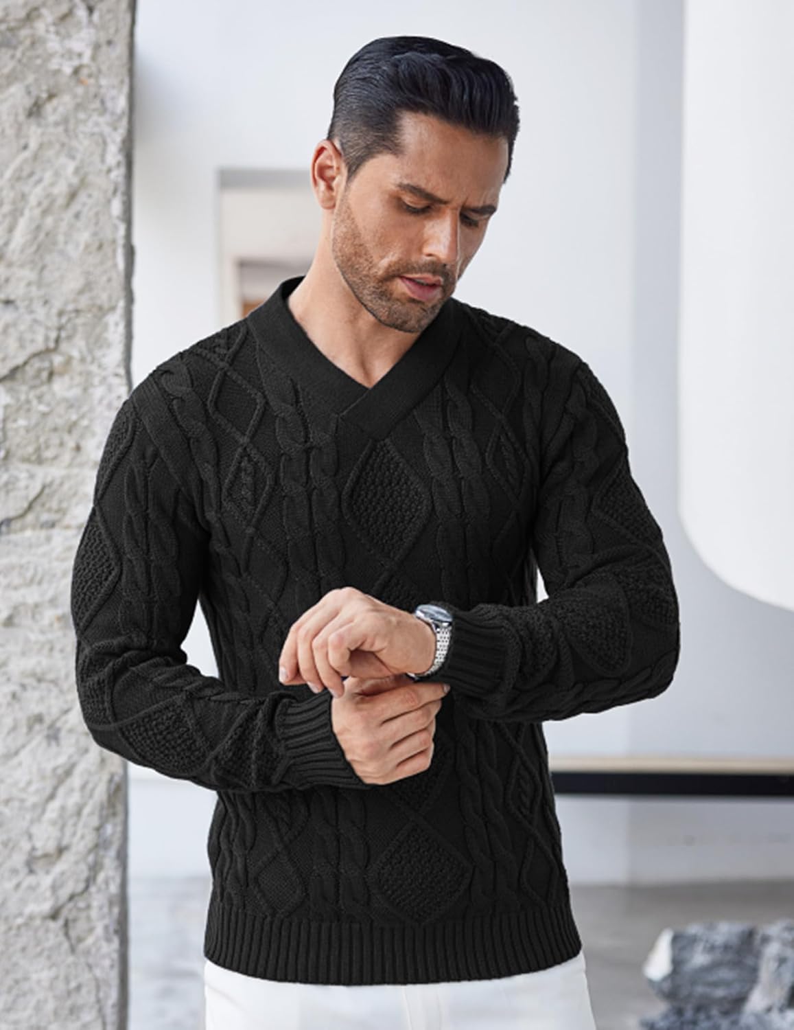 Thumbnail 2 de COOFANDY Maglione Slim Fit Scollo V Treccia