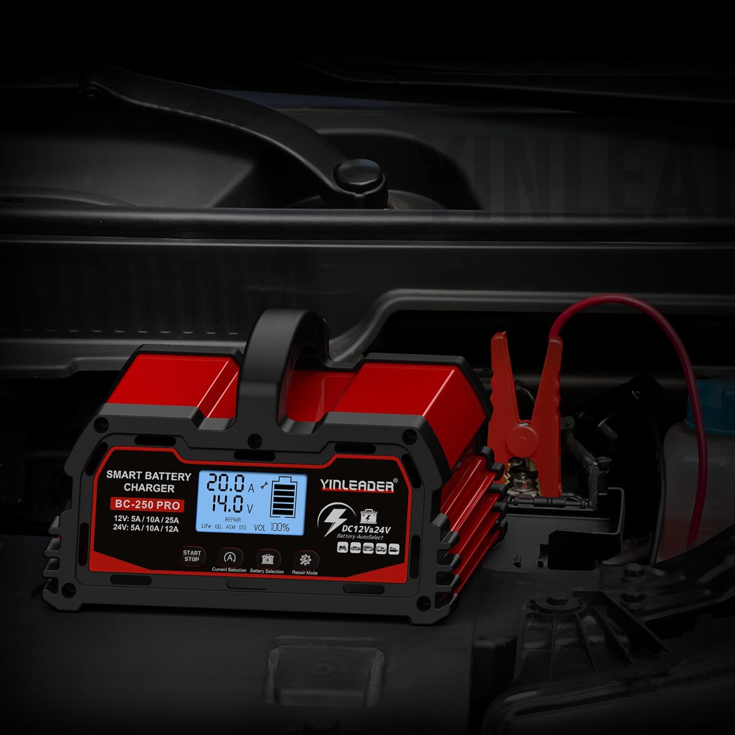 Detalle de Yinleader Autobatterie Ladegerät 25A 12V/24V – intelligentes Erhaltungsladegerät mit LCD