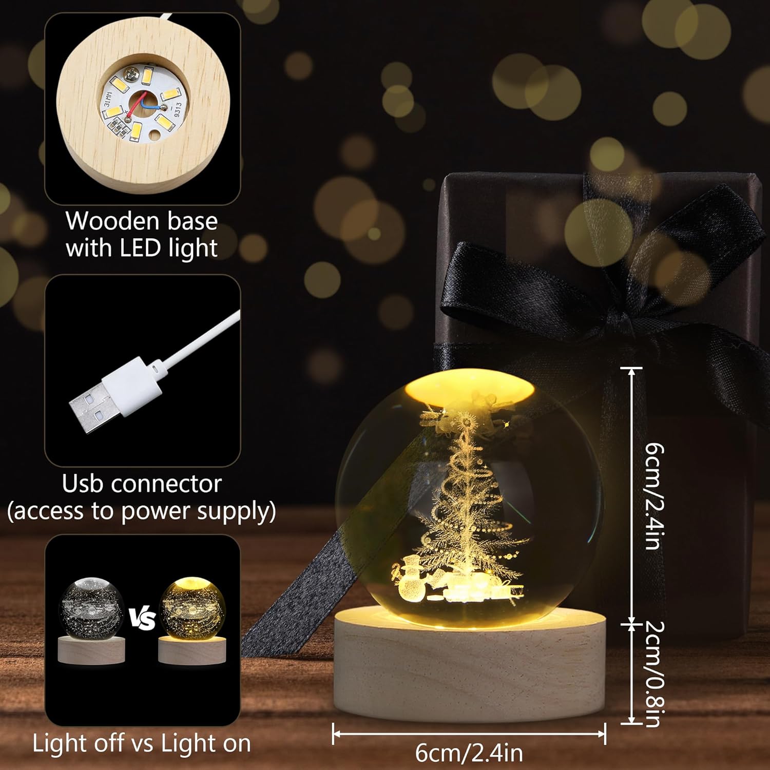 Thumbnail 3 de XIANNVXI 3D Christmas Tree Crystal Ball Light Lamp Paperweight Ornament (USB) for Home Décor