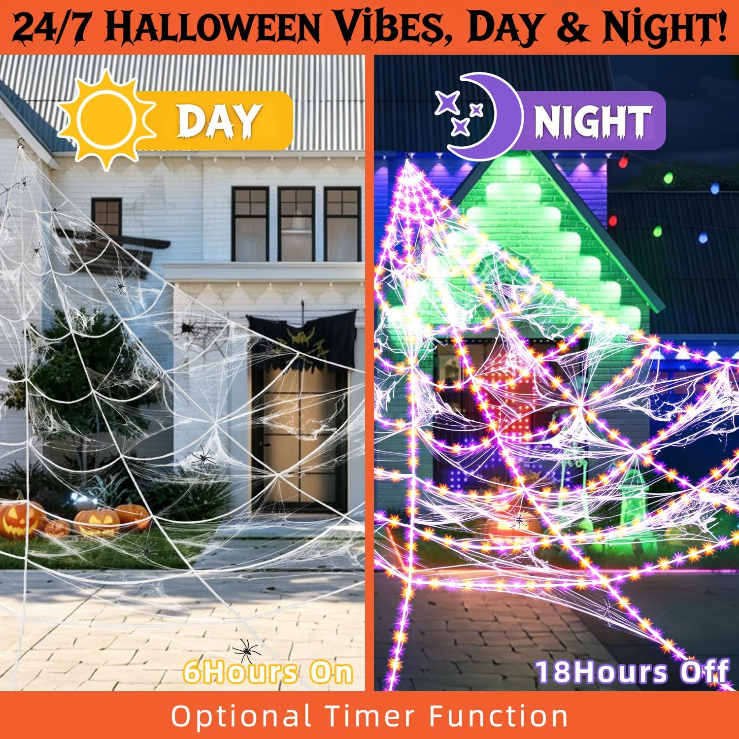 Detalle de AURORAKI SWL-Z04-455-pur-ora Light-Up Spider Web, 16.4-Foot LED Decor
