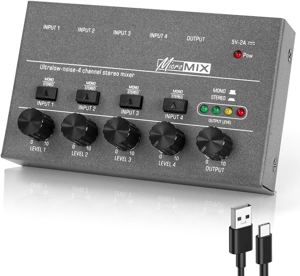 Detalle de OFFCUP 4-Channel Audio Mixer, Compact Metal Line Mixer with Individual Volume Controls