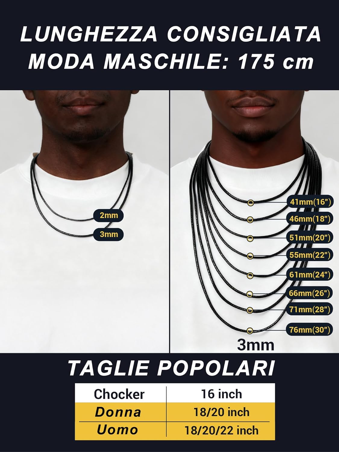 Thumbnail 4 de PROSTEEL Collana in Pelle Caucciu 3 mm, Cordina Nera Impermeabile con Chiusura in Acciaio Inox – 41–76 cm