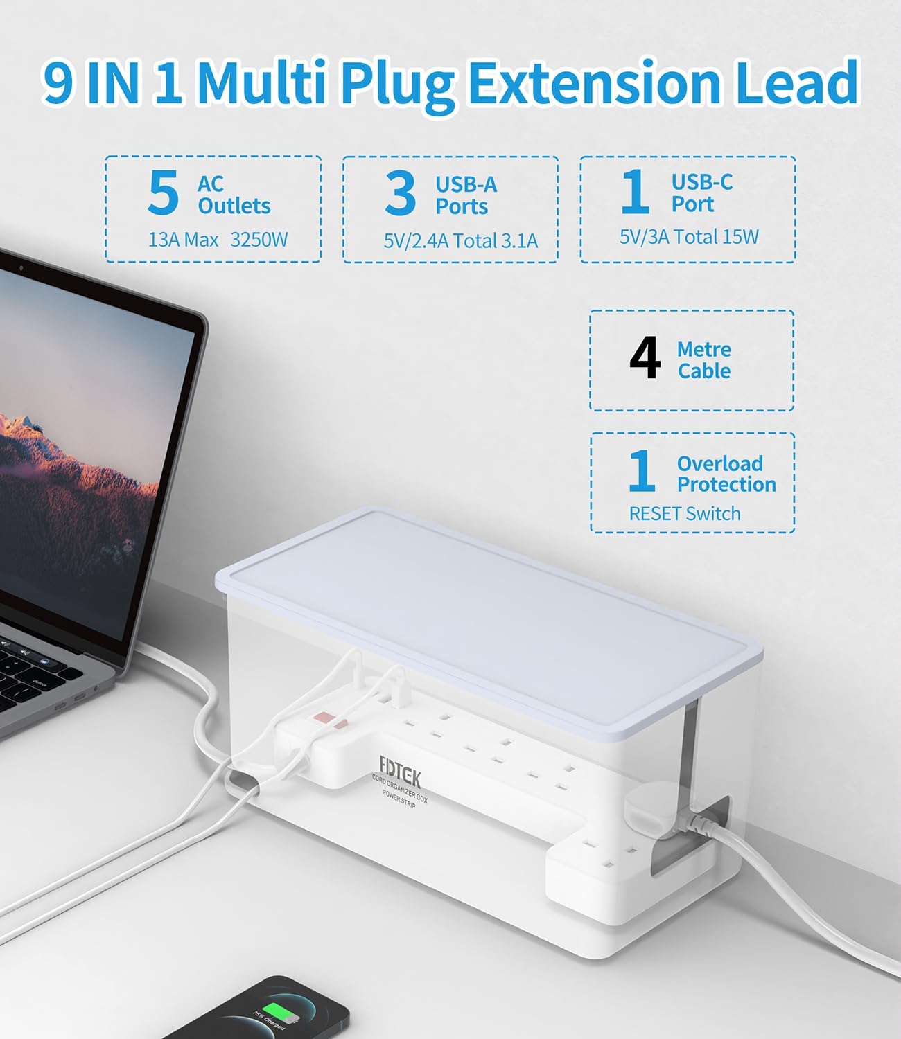 Detalle de FDTEK 5-Way Extension Lead 4m with USB