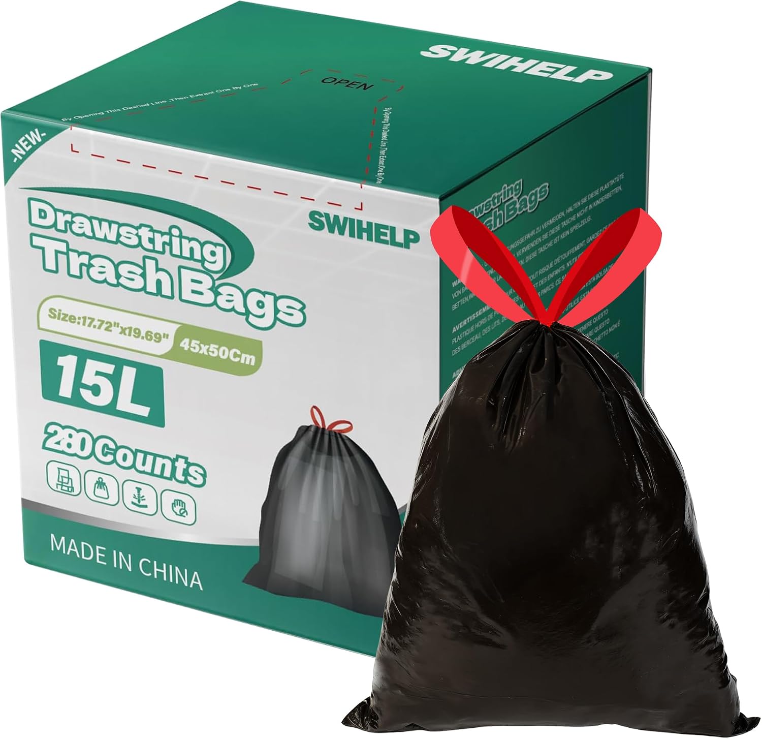 Detalle de SWIHELP vuilniszakken 15 liter met trekkoord, 280 stuks van PE