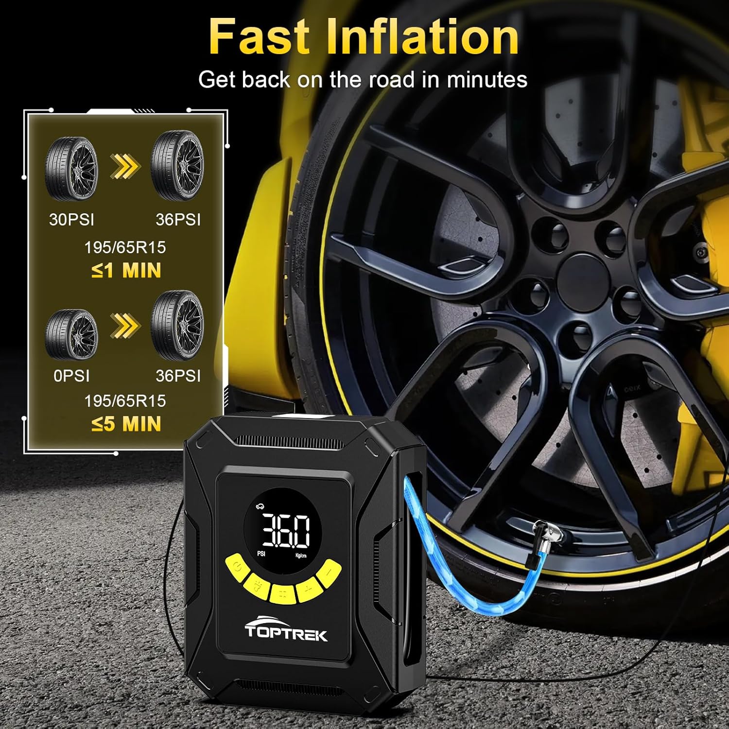 Thumbnail 1 de toptrek 12V Car Tyre Inflator (150 PSI) with Digital LCD, Preset Modes & Auto ShutOff