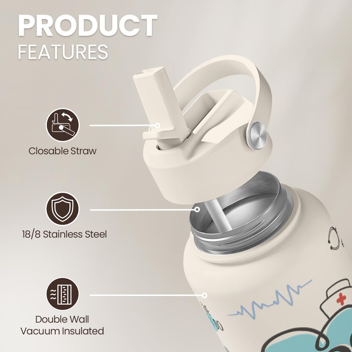 Detalle 2 de Nurse Water Bottle 32oz Stainless Steel Insulated with Lid – Nurse Gifts for Female Nurses & Nursing Students