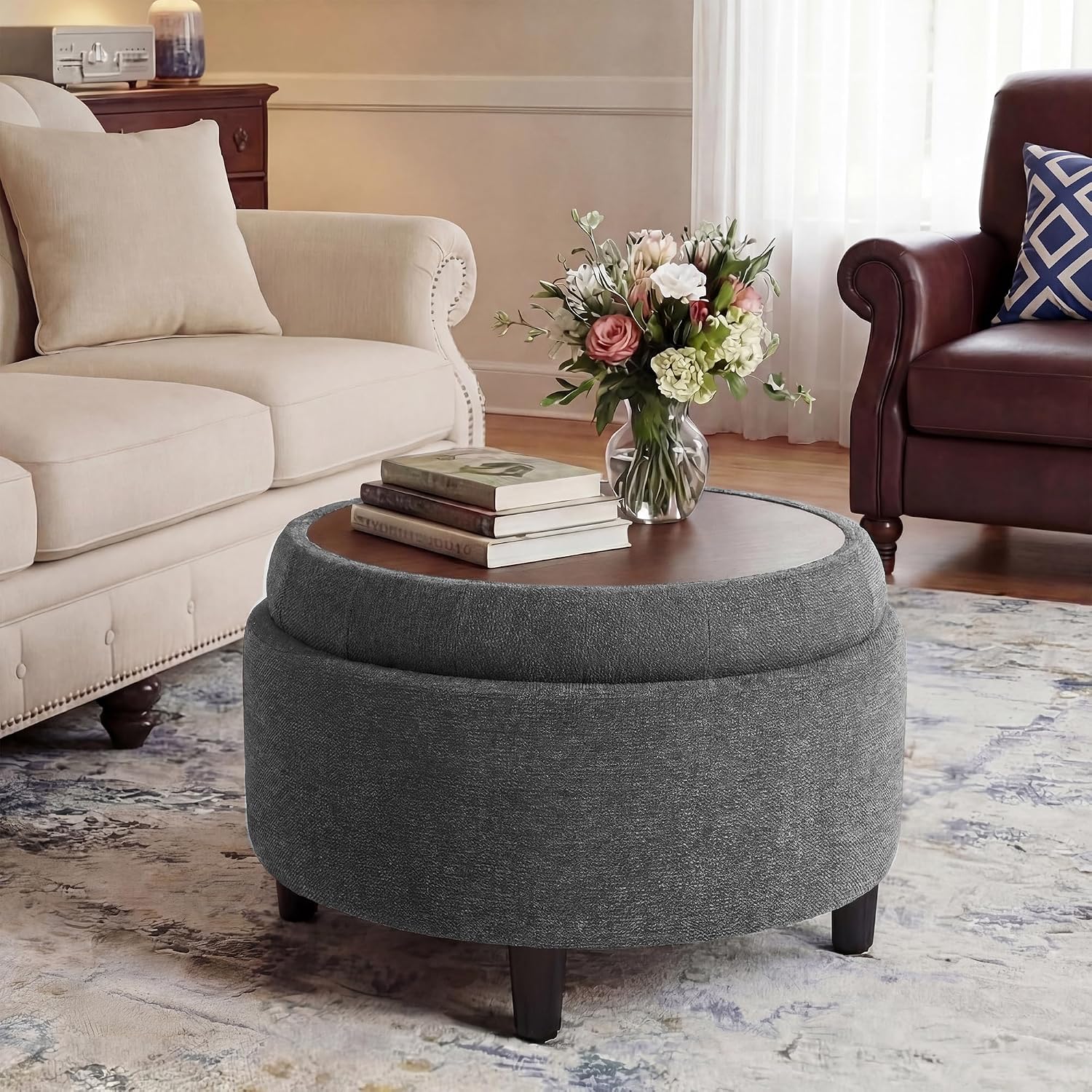 Thumbnail 6 de COLAMY VC-K311-DGY-FB Round Storage Ottoman with Reversible Tray Lid, Dark Grey