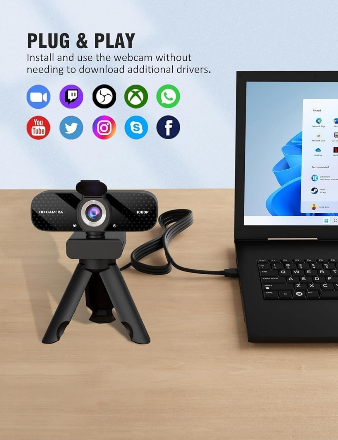 Thumbnail 4 de TRAUSI 1080P HD Webcam with Microphone and Noise Cancellation (privacy cover, wide-angle lens)