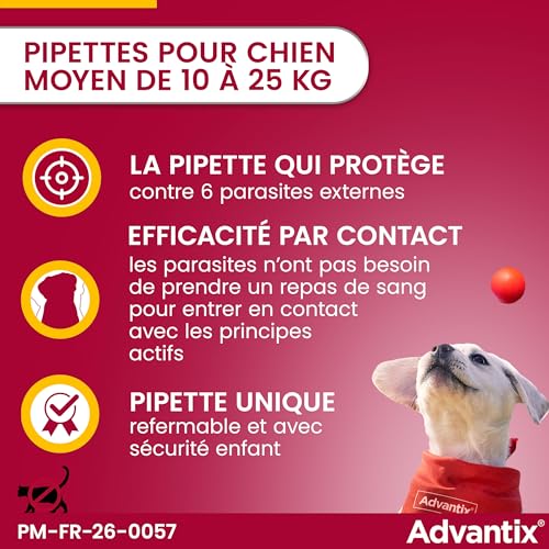 Detalle 2 de Advantix Chien Moyen (10–25 kg) – Pipettes antiparasitaires à action large, 6 parasites, 4 semaines de protection
