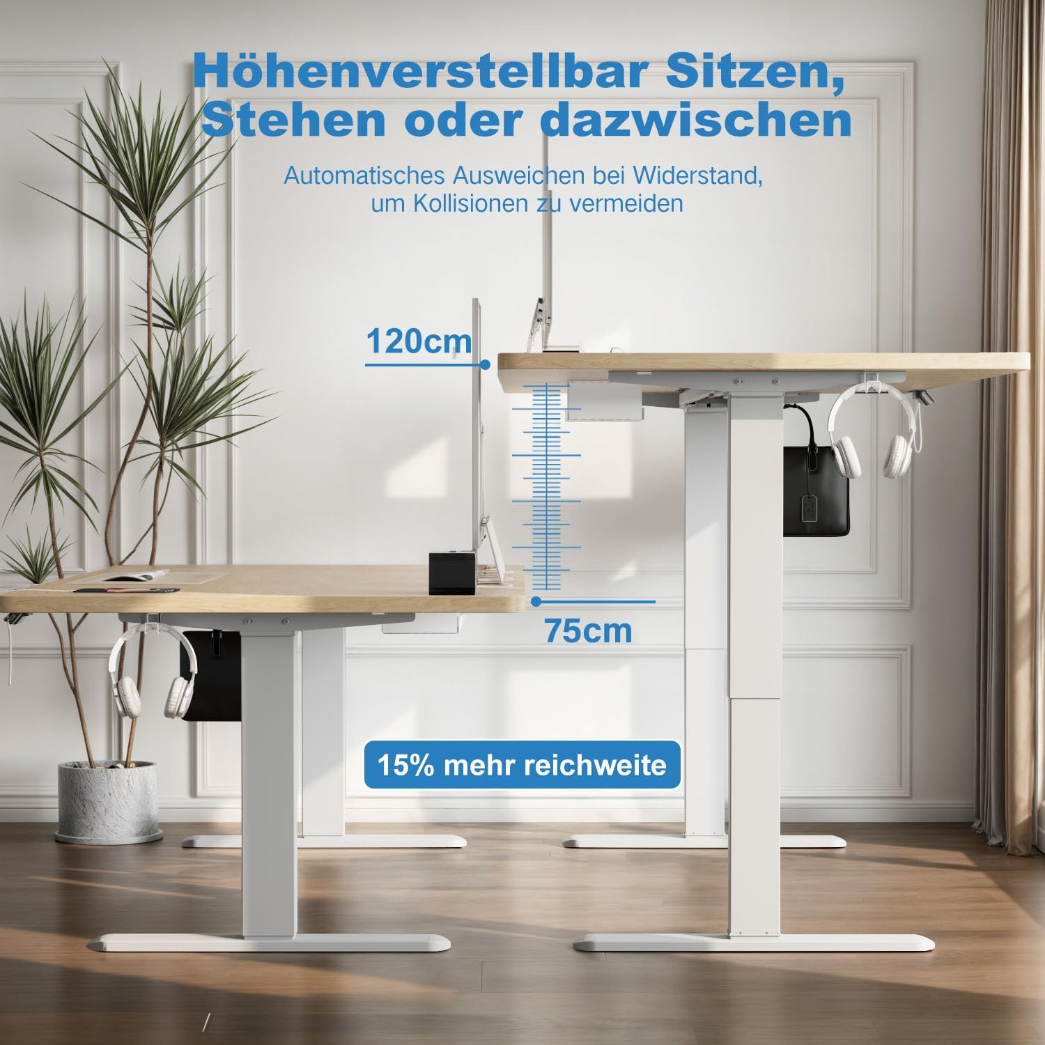 Thumbnail 1 de Devoko höhenverstellbarer Schreibtisch mit 2 Motoren, 160x80 cm Tischplatte (Eiche, 25 mm) – elektrisch, mobil mit Kabelmanagement