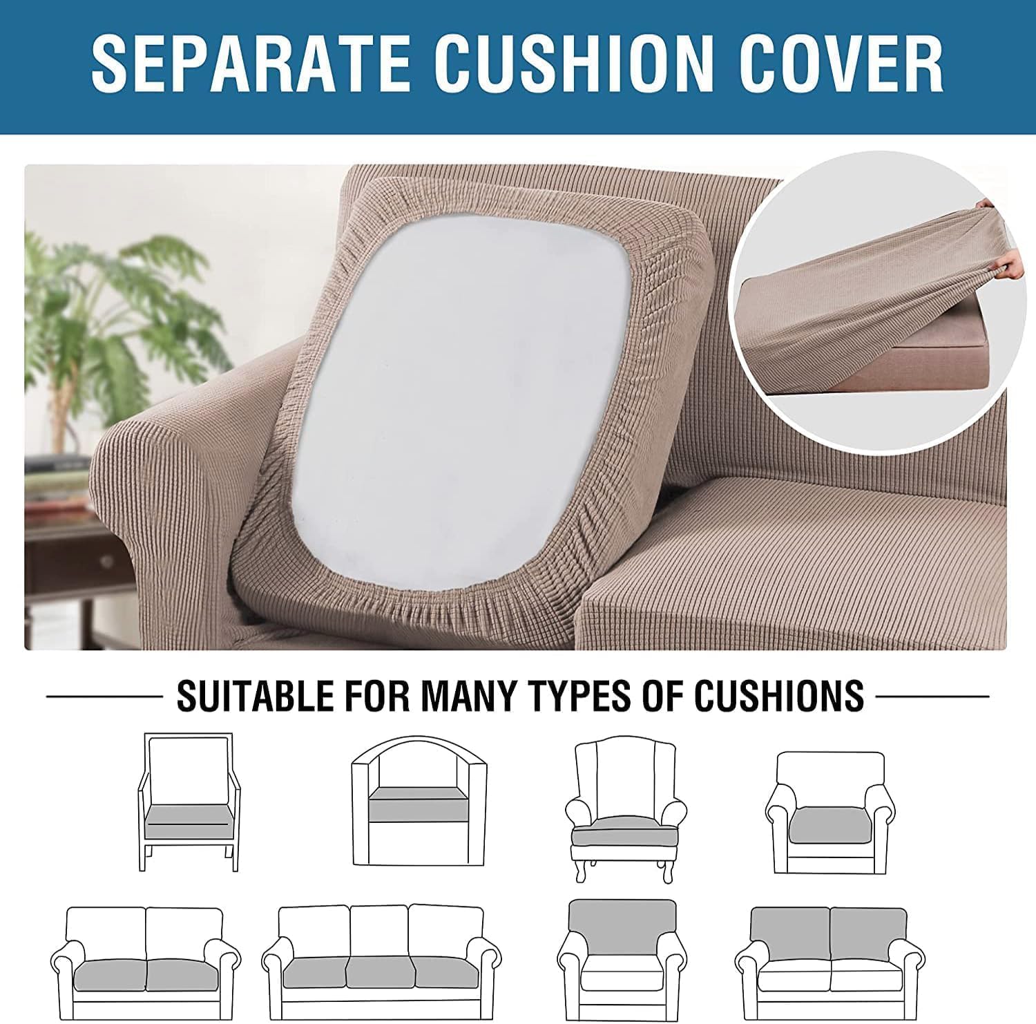 Thumbnail 4 de H.VERSAILTEX 4 Piece Stretch Sofa Covers for 3 Cushion Couch – Thick Jacquard, Sand