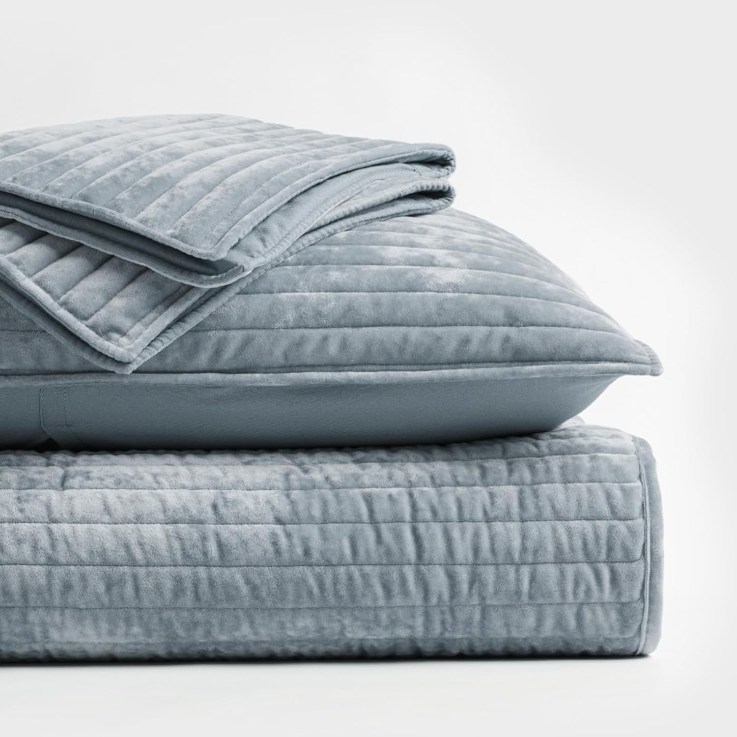 Thumbnail 5 de EVERGRACE Velvet Quilt Set (King Size) in Blue Linen — Luxurious Soft Striped Channel Bedding with 2 Shams