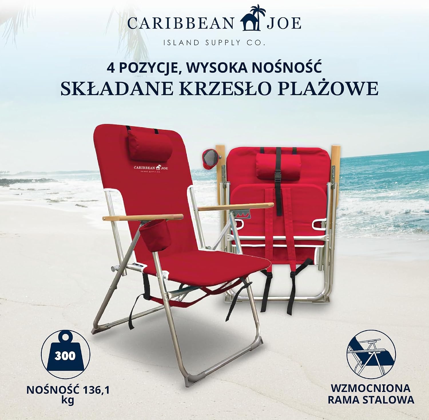 Detalle de Caribbean Joe składany fotel plażowy 4-pozycyjny z zagłówkiem i paskami