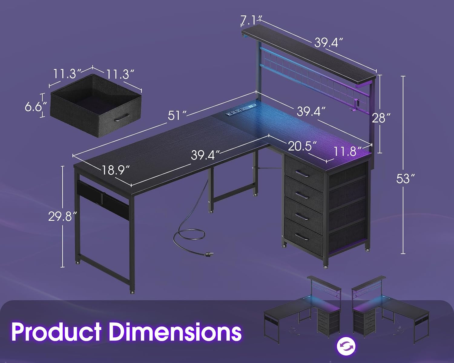 Detalle 2 de AODK 51" L-Shaped Gaming Desk with LED Lights, 4 Drawers & USB Ports