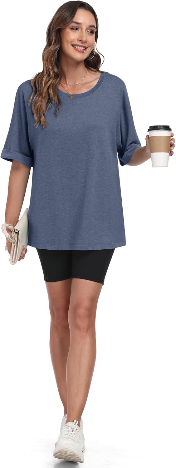 Thumbnail 3 de WNEEDU Oversize Shirt Damen – Kurzarm Rundhals mit gekrempelten Ärmeln für Sommer & Alltag