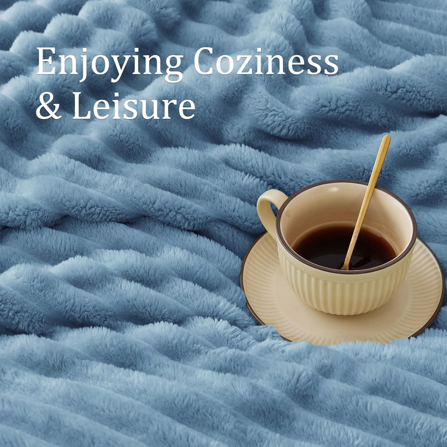 Detalle de BEDELITE Fluffy Fleece Throw Blanket with Stripes – Light Blue, Throw Size