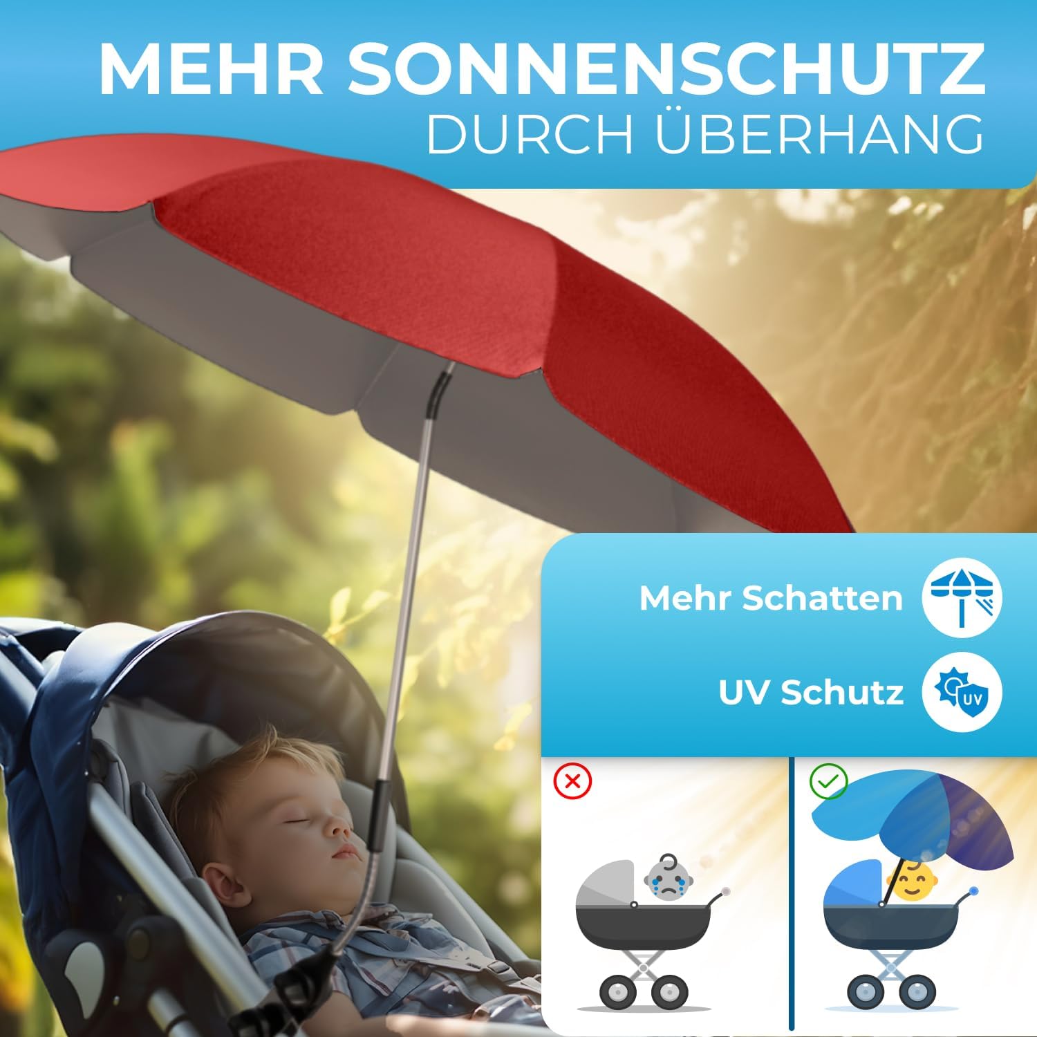 Detalle de STYNGARD Sonnenschirm für Kinderwagen UV Schutz 50+ – 70 cm Durchmesser mit Überhang, Modell ROME (Rot)