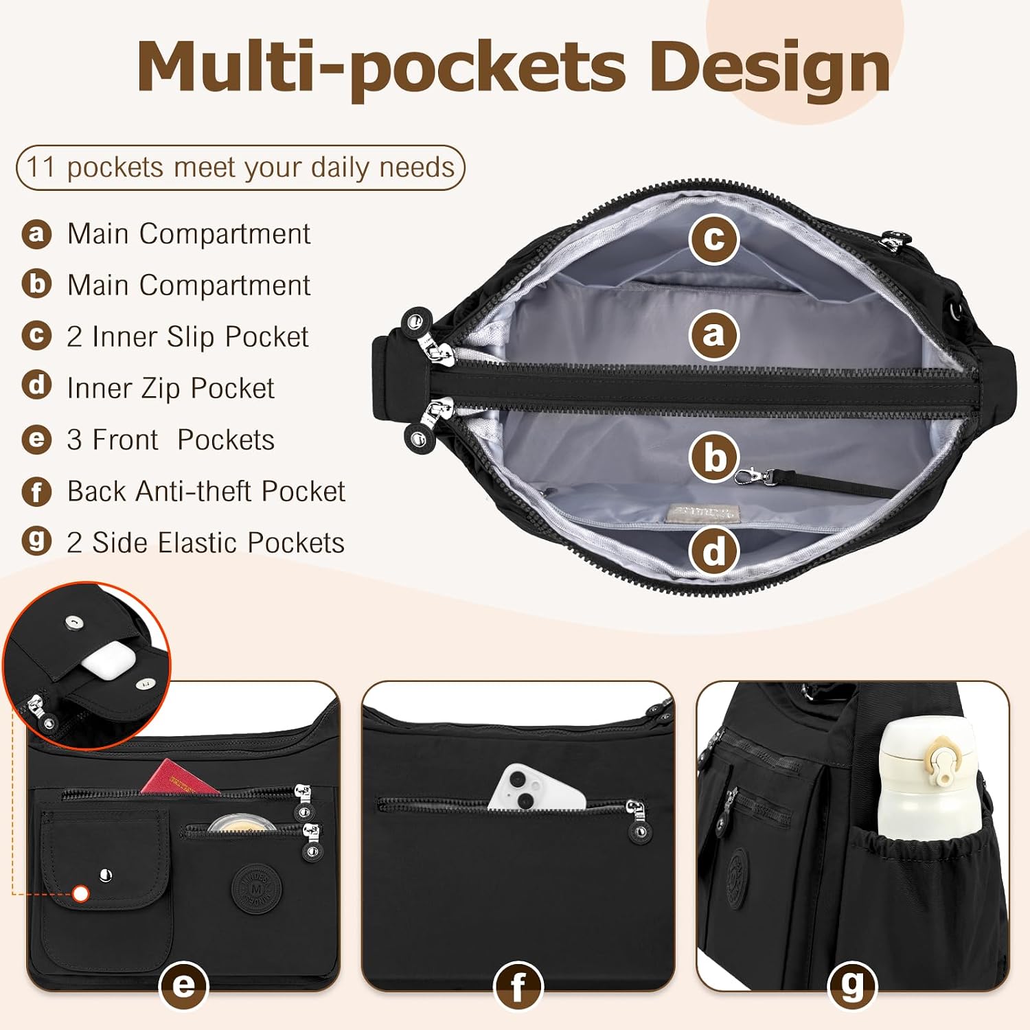 Thumbnail 2 de BTNEEU Women's Shoulder Bag with 11 Pockets: Lightweight, Waterproof Crossbody for Travel and Daily Use