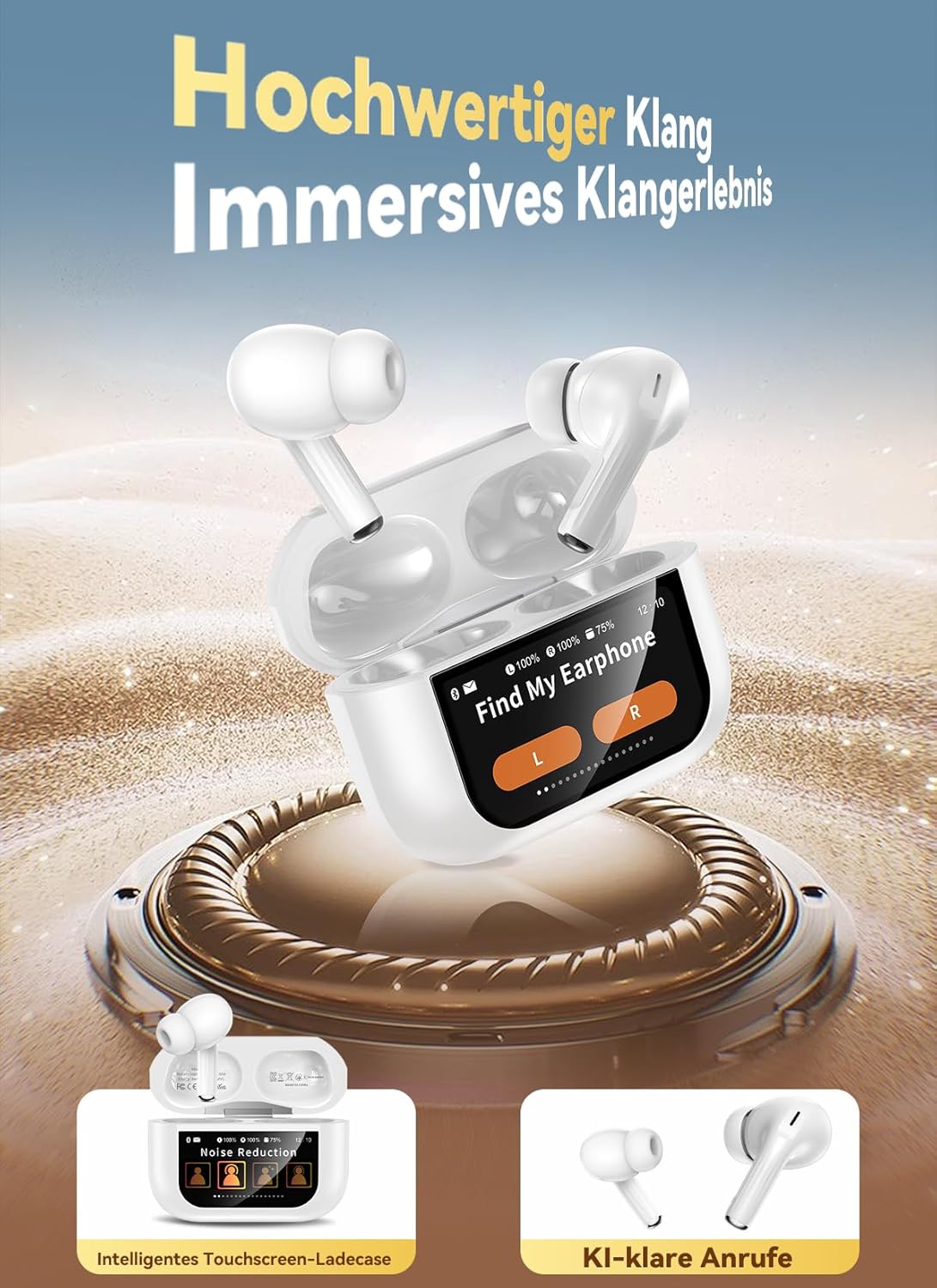 Detalle de ZZU Kopfhörer Kabellose Bluetooth mit Smart Touchscreen, 48 Std. Laufzeit, ANC/ENC, 5 EQ-Modi, IPX7 – Weiß