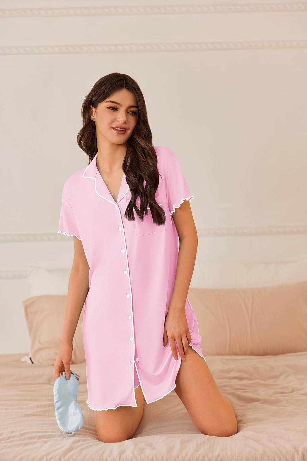 Thumbnail 2 de Ekouaer Camicia da Notte Donna Estiva in Due Pezzi con Bottoni e Scollo a V