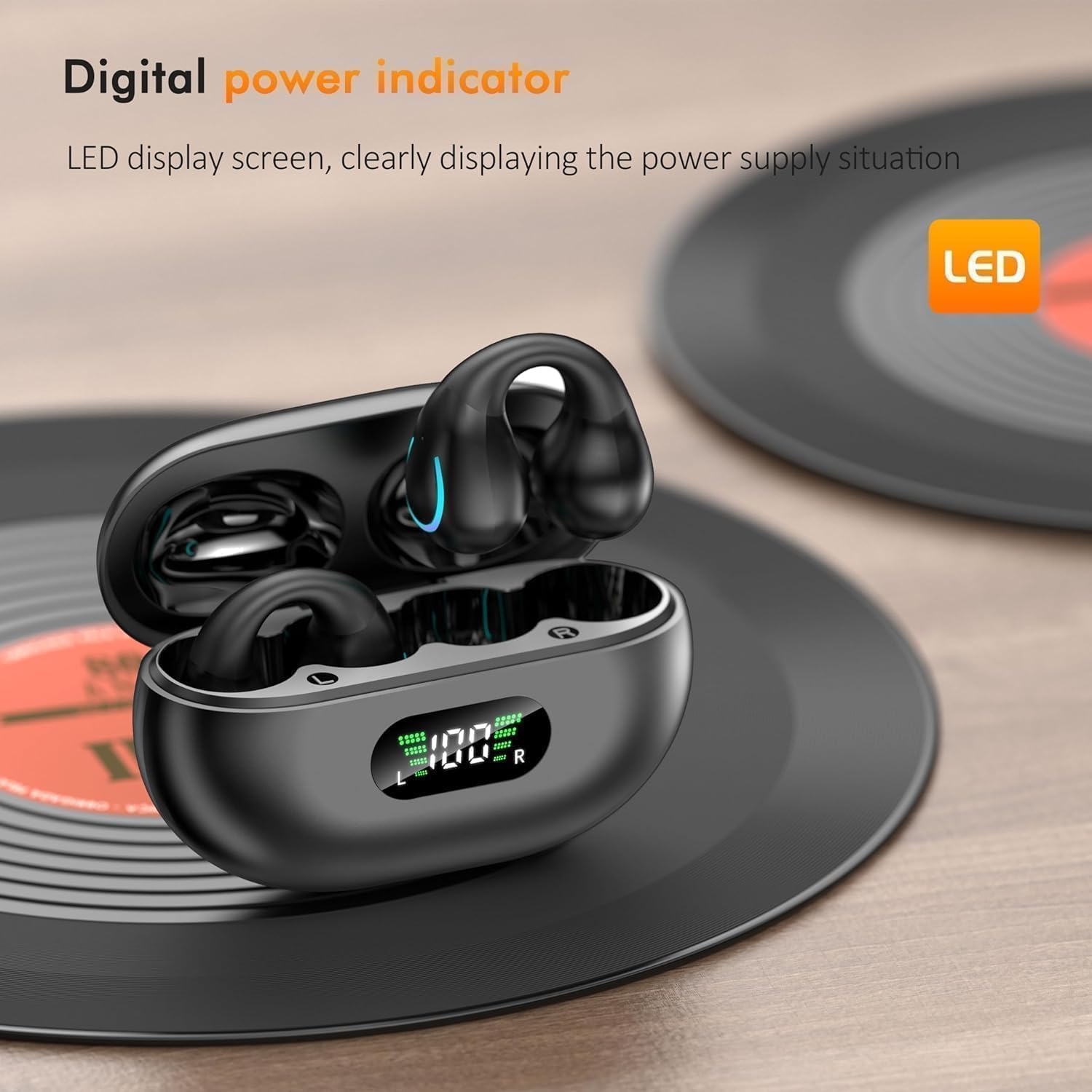 Detalle de Clip On Bluetooth 5.3 Open-Ear Earbuds with LED Charging Case, Bone Conduction Style, Built-In Mic (IPX7) for Running Fitness