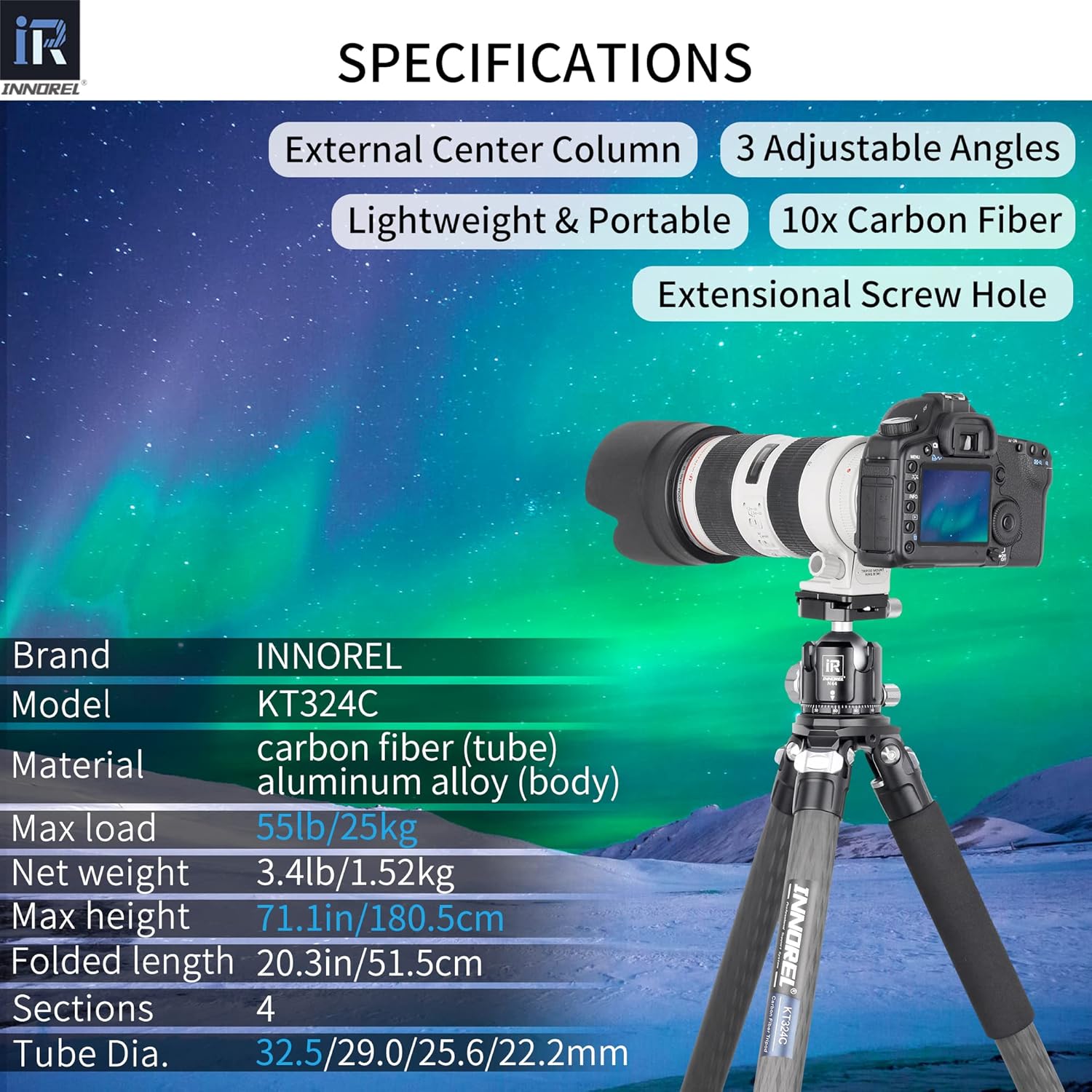 Thumbnail 1 de INNOREL KT324C carbon fibre tripod (without head) — compact travel stand up to 55lb/25kg