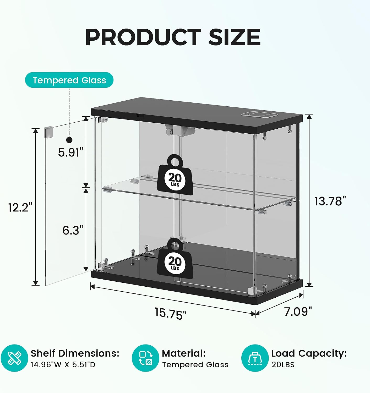Detalle de Dystler Glass Display Case with LED Lights, Motion Sensor, and USB-C Charger (Small 2-Tier)
