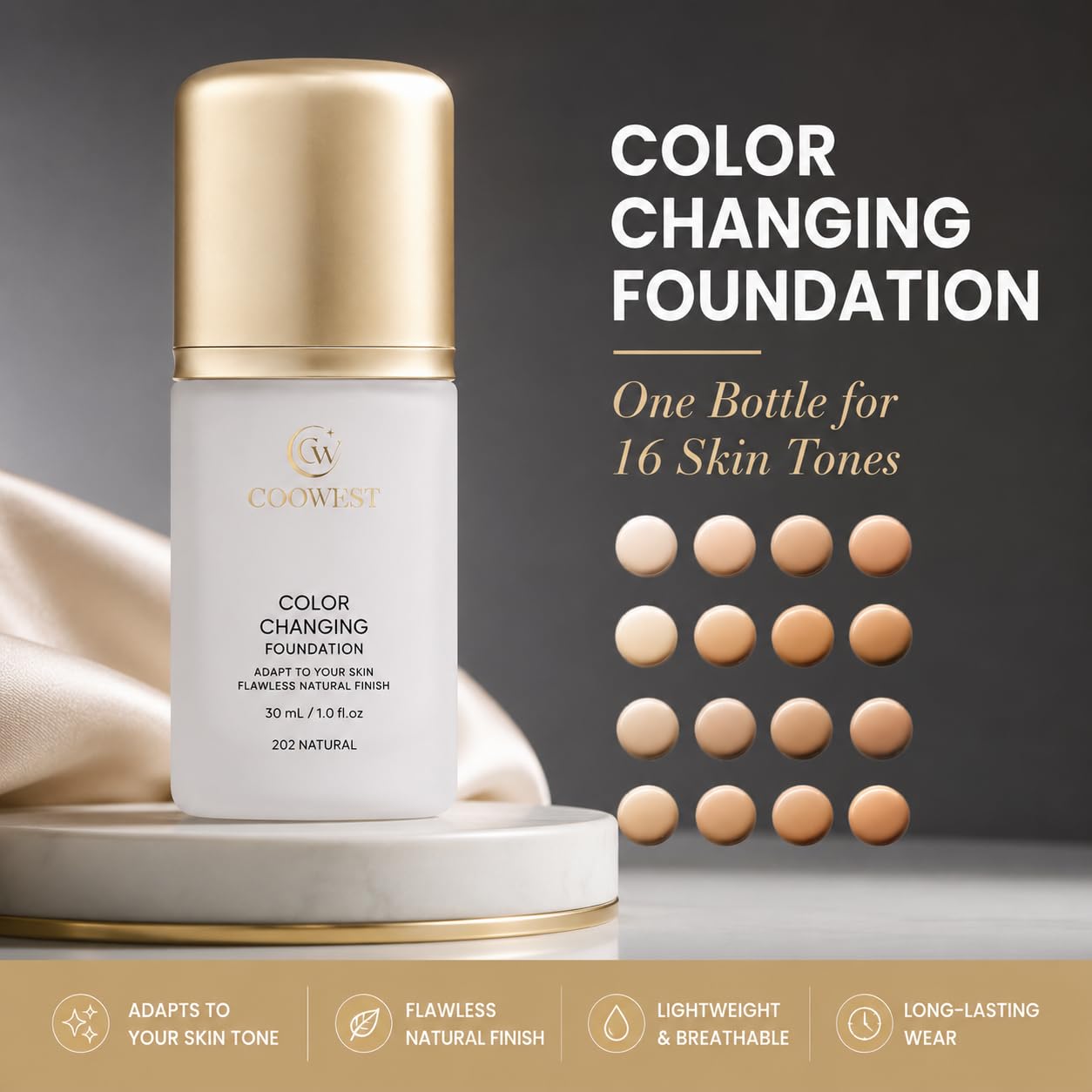 Detalle 2 de COOWEST Color Changing Foundation for Mature Skin, Light, 30ml Shade-Adapting Tint