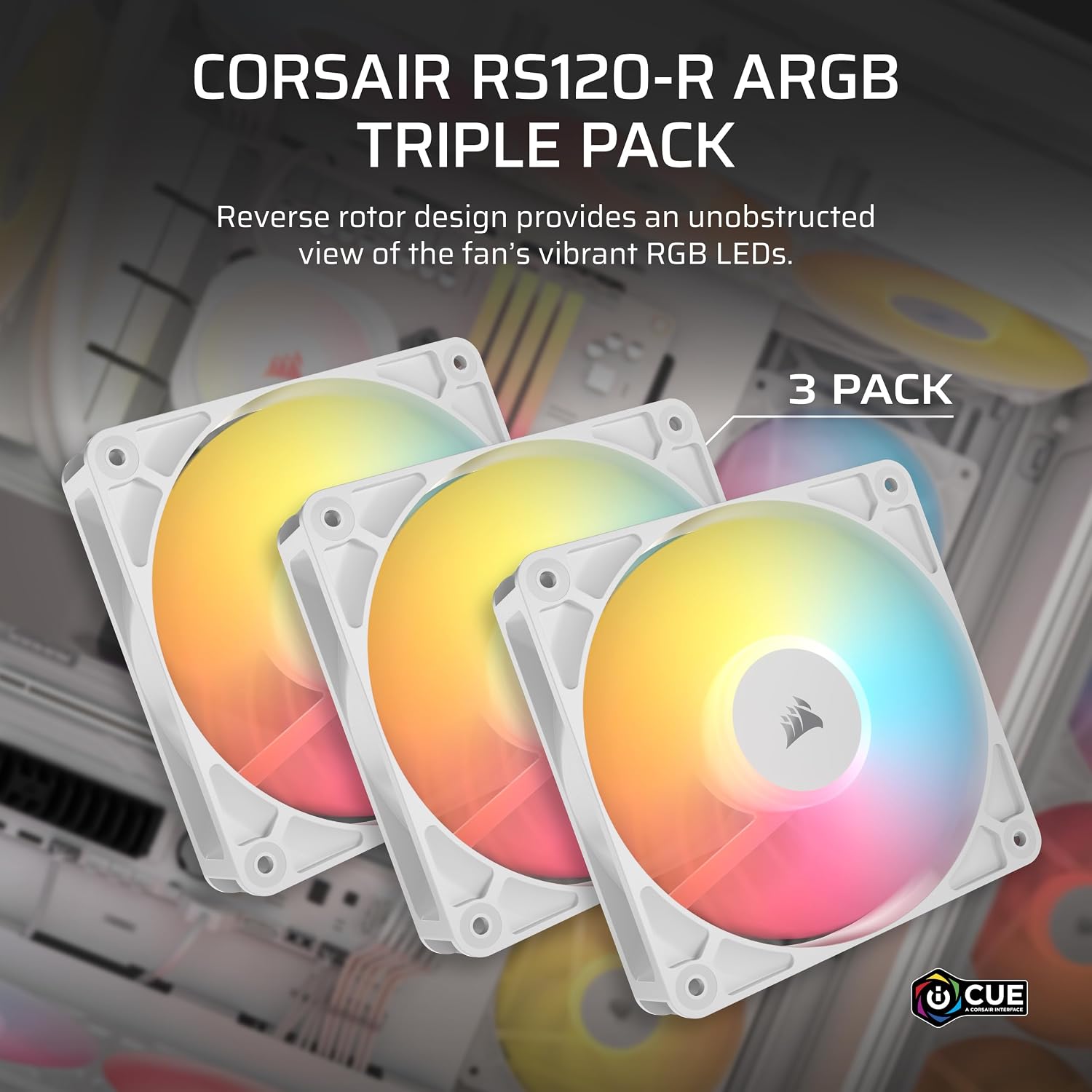 Detalle 2 de Corsair RS120-R ARGB – 3 białe wentylatory 120 mm PWM z odwróconymi łopatkami