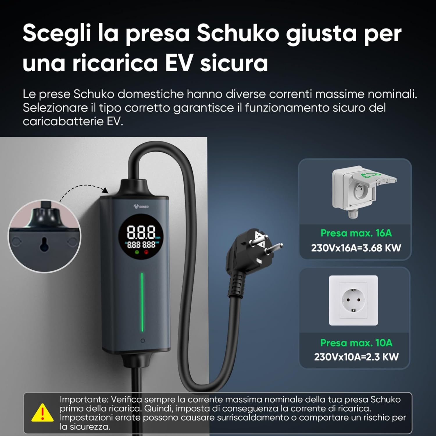 Detalle de GONEO Cavo Ricarica Auto Elettrica Tipo 2 Schuko 16A 3,68kW monofase, 5 m con sensore di temperatura e protezione CA/CC