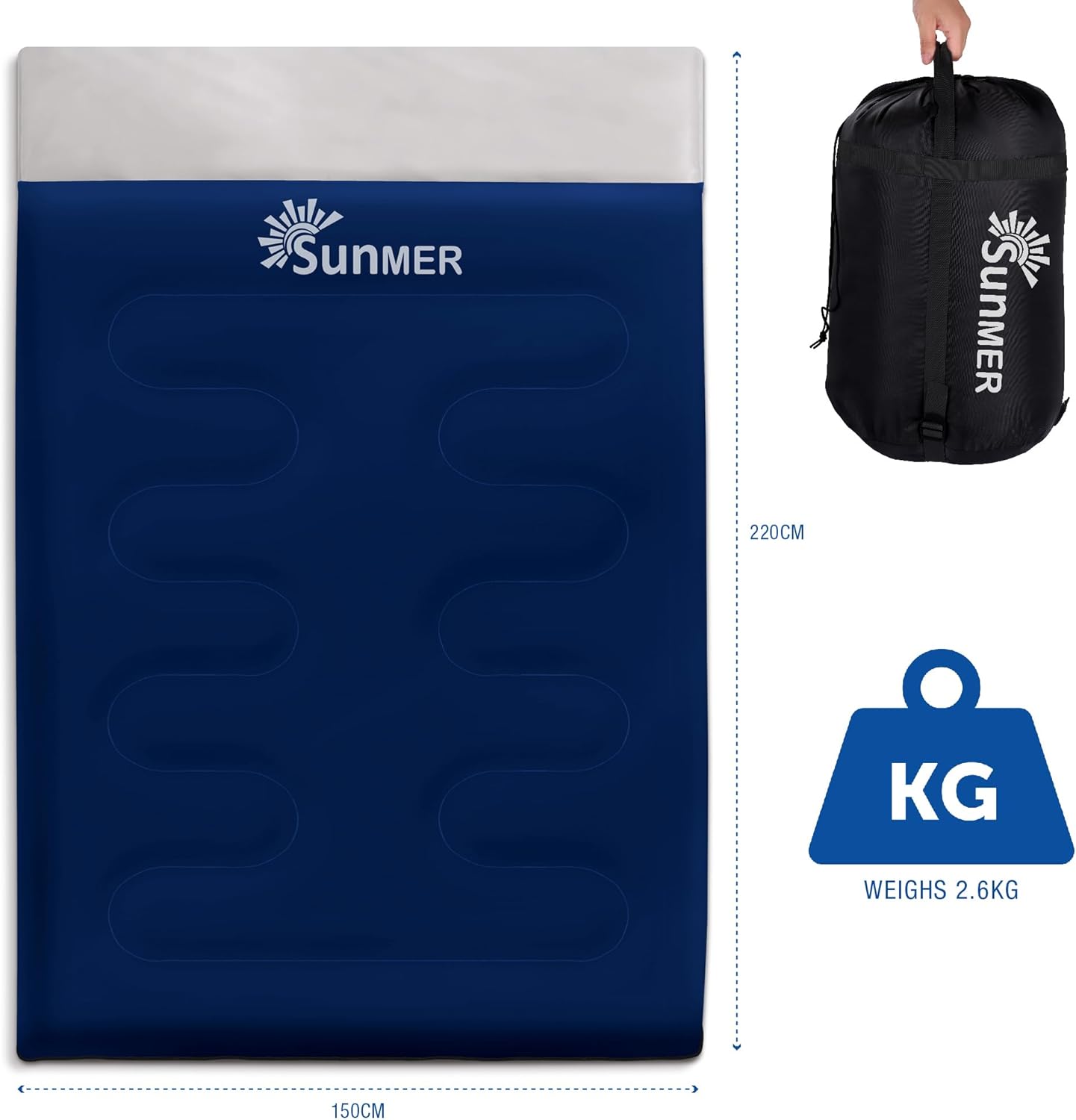 Thumbnail 6 de SUNMER 3–4 Season Double Sleeping Bag (2-in-1 King Size) – 300GSM waterproof for couples or 2 people, Navy