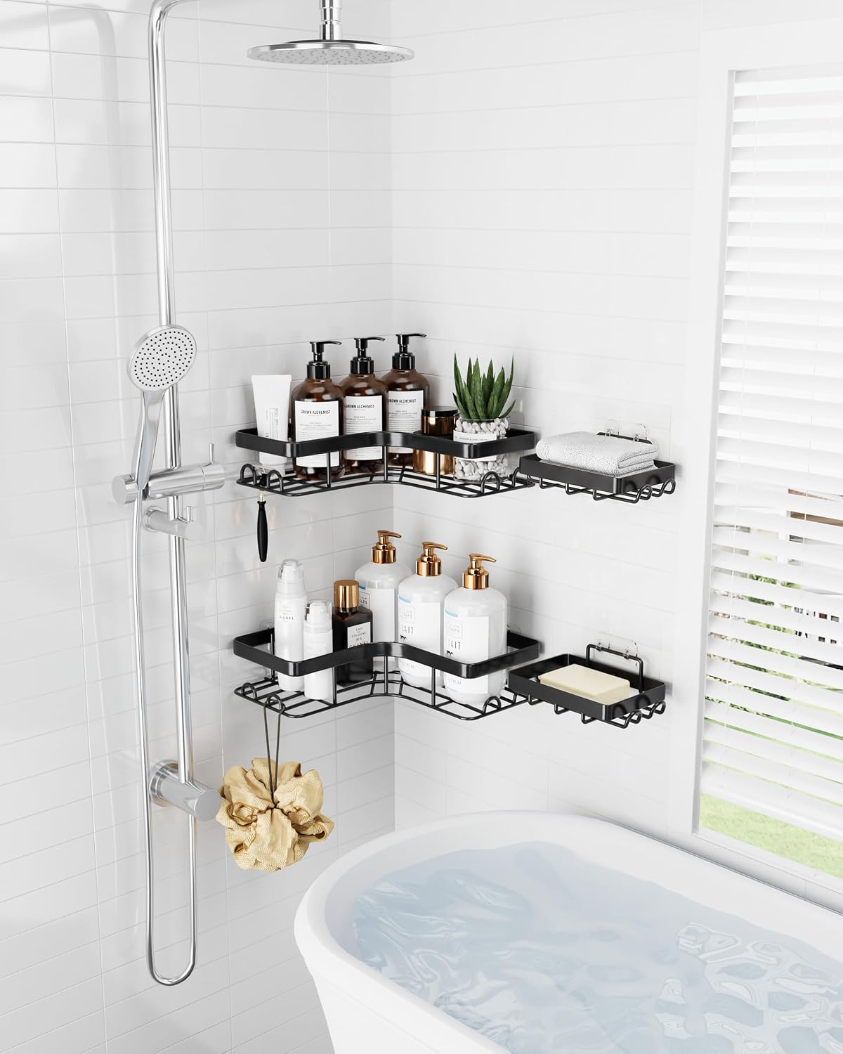 Detalle de Sakugi CA657 Corner Shower Caddy, Black Stainless Steel Shelves with Hooks