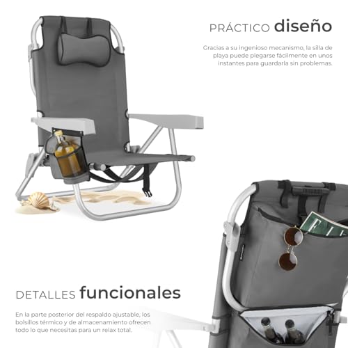 Thumbnail 3 de tectake Silla Playa Plegable con Respaldo Ajustable y Bolsa Térmica – 1 Unidad, Gris