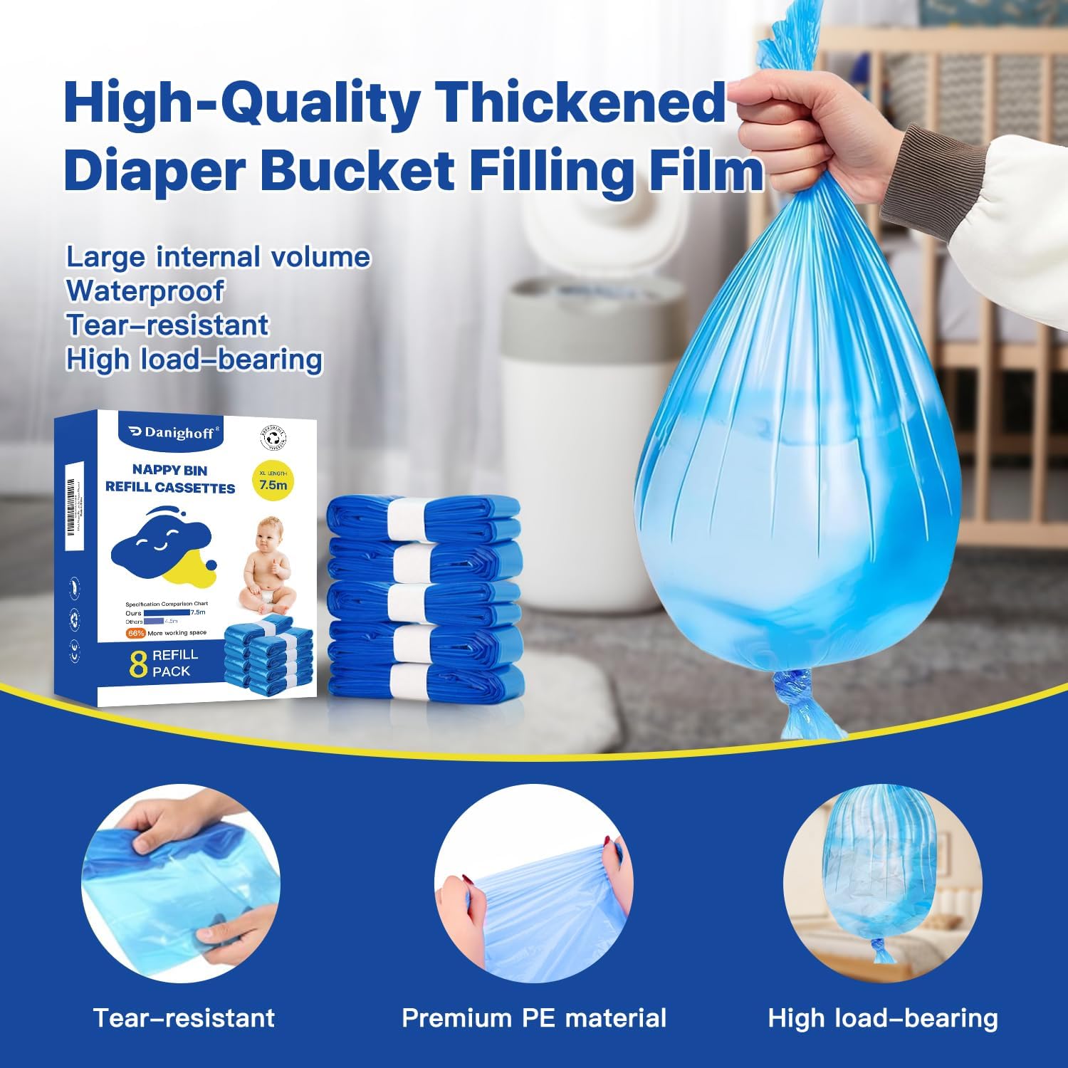 Thumbnail 4 de Nappy Bin Refills, 7.5m Extra-Long Diaper Pail Bags – 8 Pack (Compatible with Tommee Tippee Twist & Click and Sangenic TEC Bins)