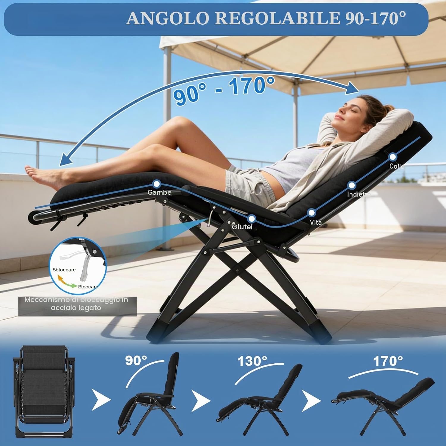 Detalle de Fiutazge Sedia Zero Gravity 65 cm: Lettino Prendisole Pieghevole con Cuscino, Regolabile e Portabevande