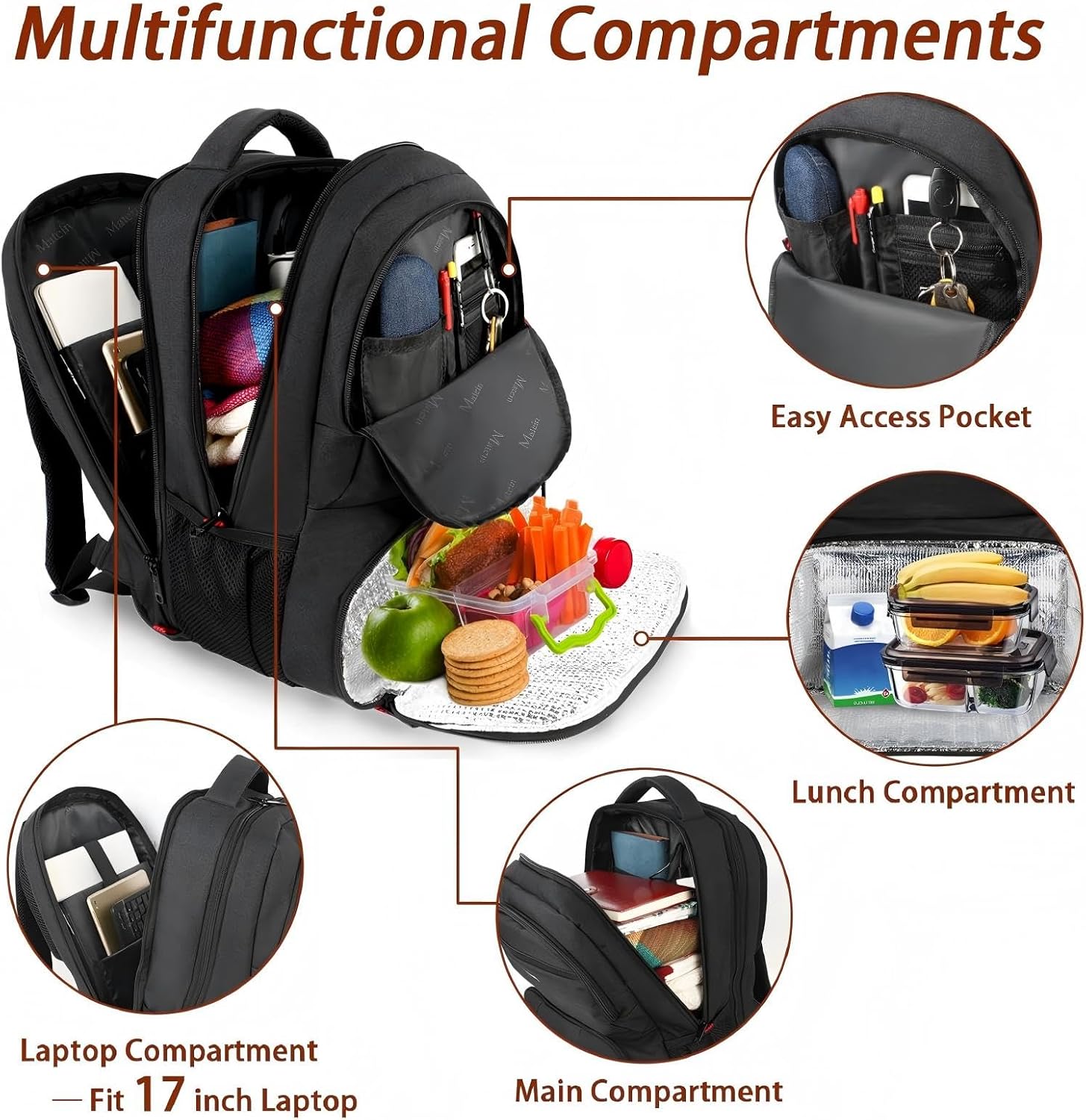 Detalle de MATEIN 17-Inch Lunch Backpack, Water-Resistant with Insulated Compartment