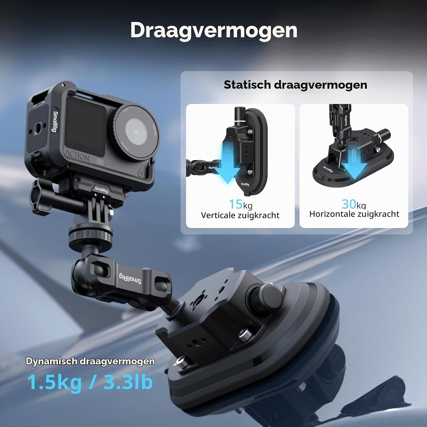 Detalle de SMALLRIG 5842 actiecamera-zuignap 3 x 6" met pompvergrendeling