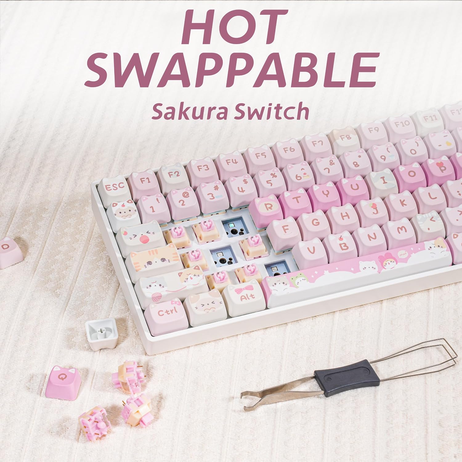 Detalle de ZORNHER ZH100 Wireless Cat Mechanical Keyboard – 98% Creamy Layout with Meow Meow Squad Keycaps