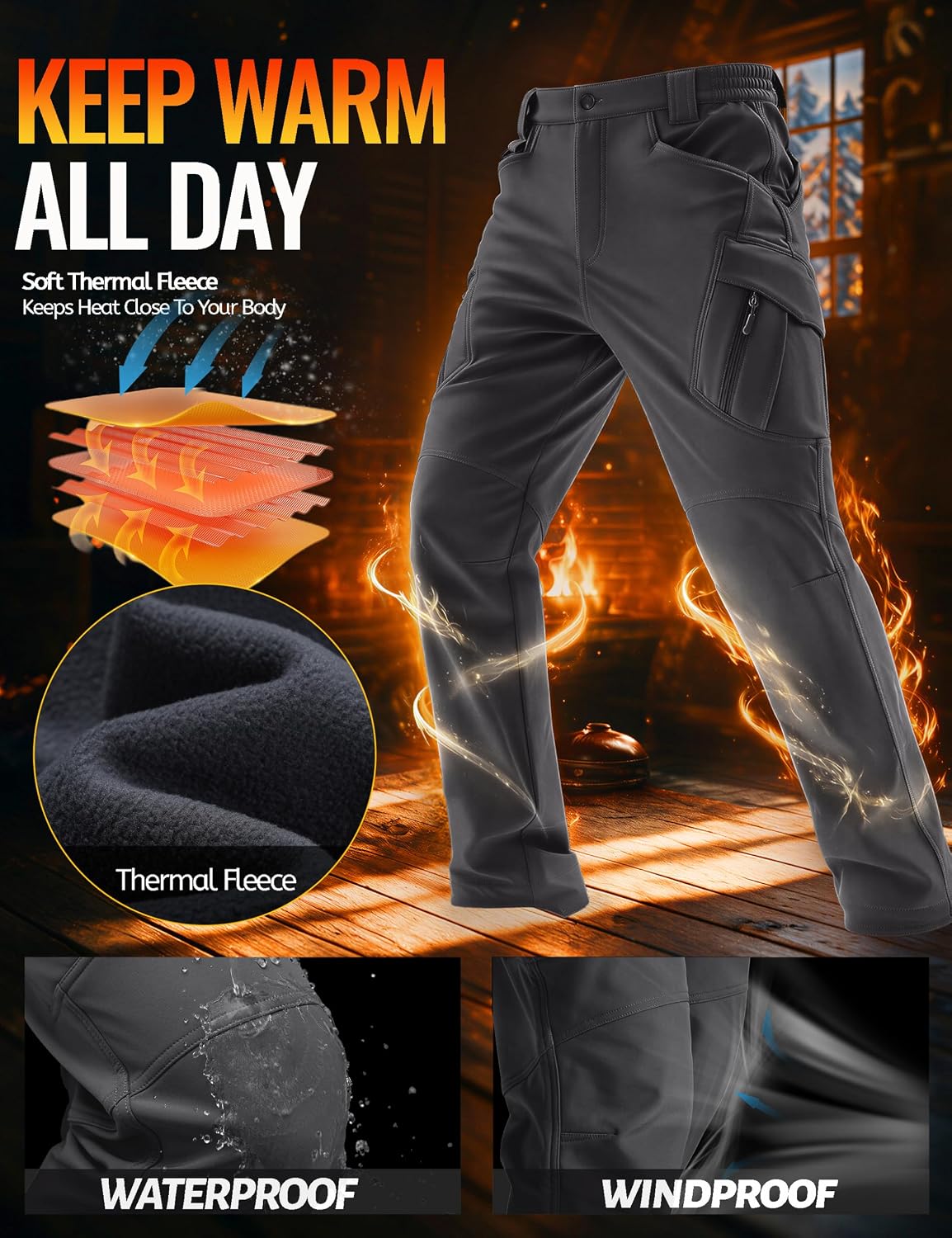Detalle de TACVASEN Men's Winter Softshell Pants, Fleece-Lined, Water-Resistant, 8 Pockets