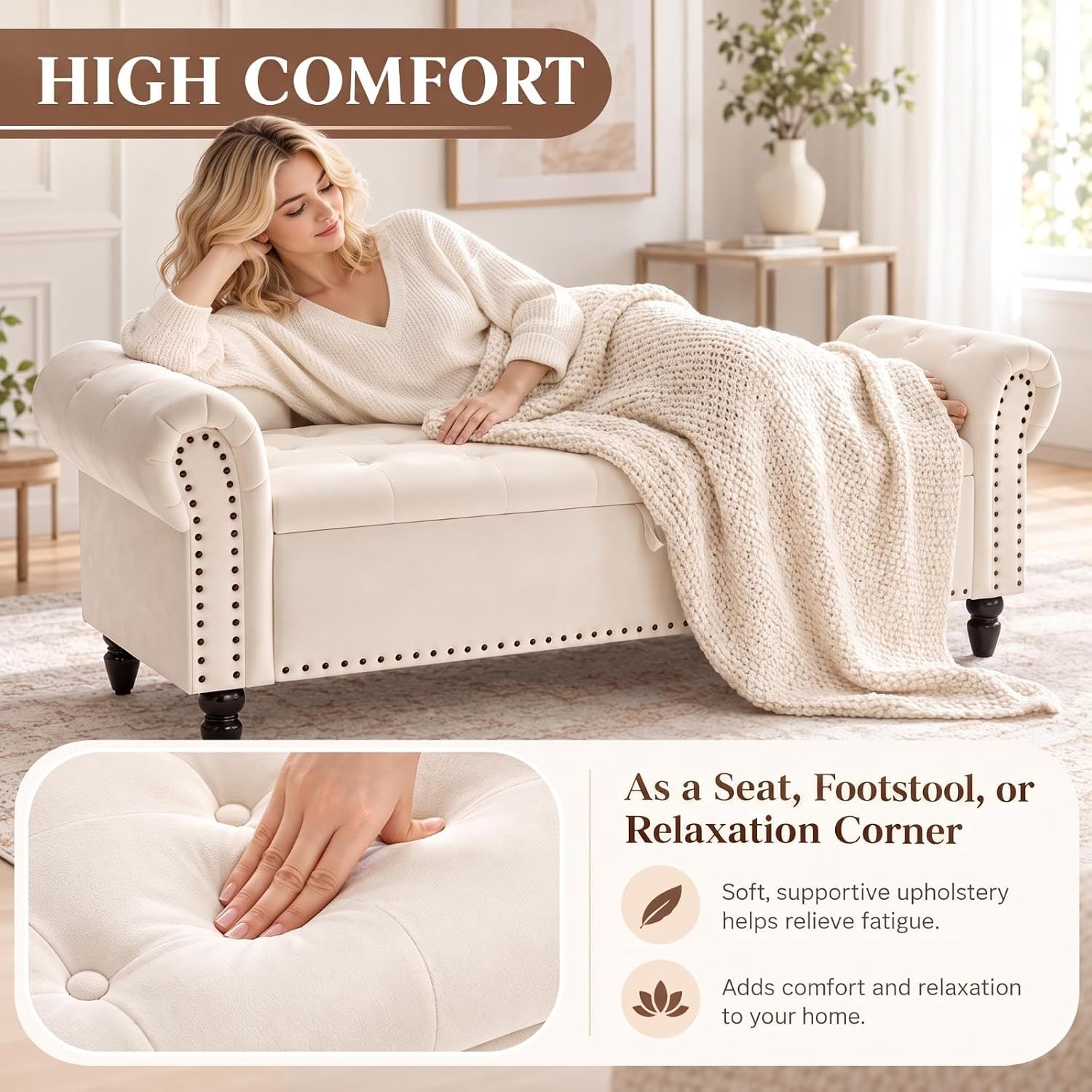 Detalle de Clevich CWD0043 opbergbank 133 cm, beige fluweel, tot 168 kg