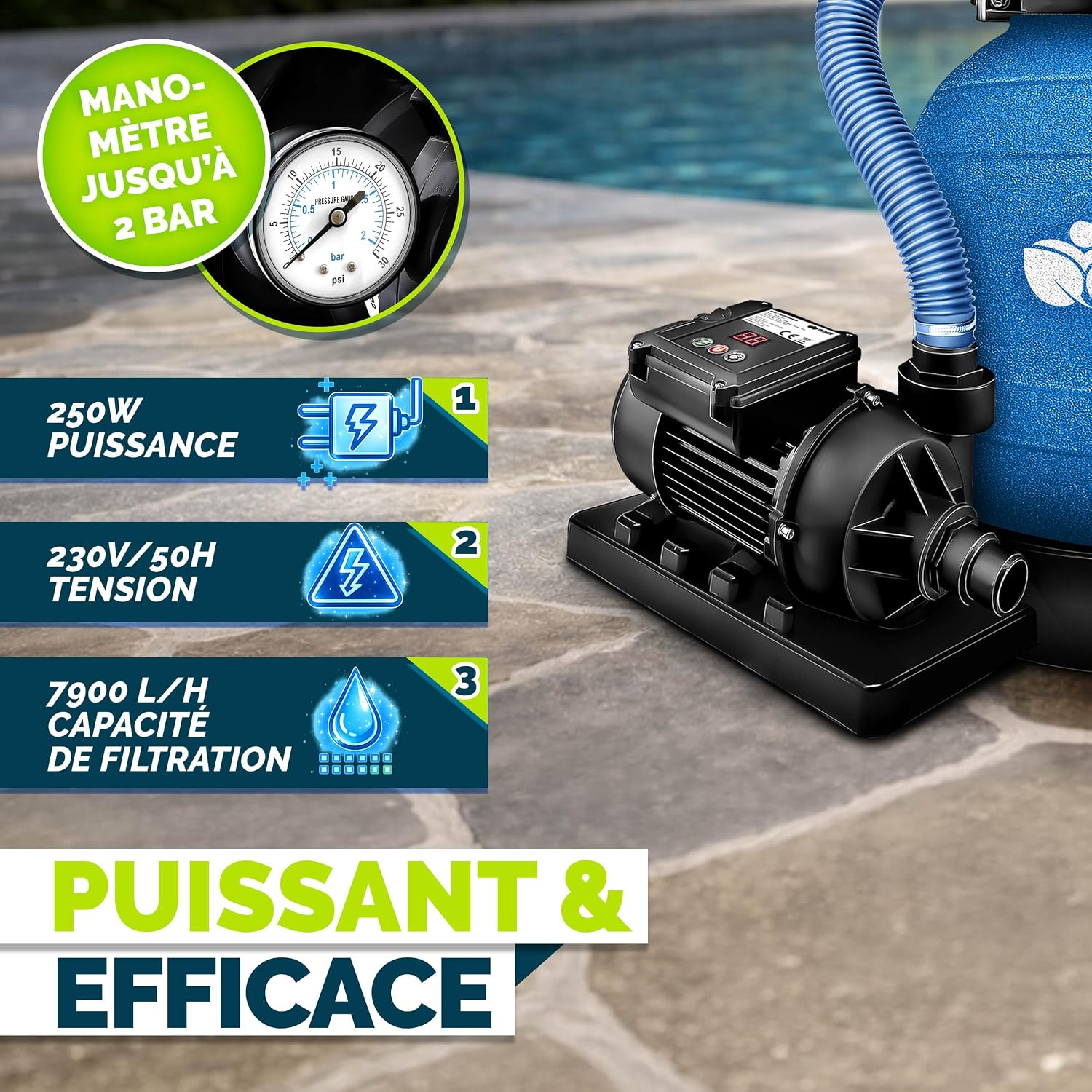 Detalle 2 de Système de filtre à sable tillvex® 7.900 L/h avec 400 g de boules de filtration, indicateur de pression et vannes 7 fonctions