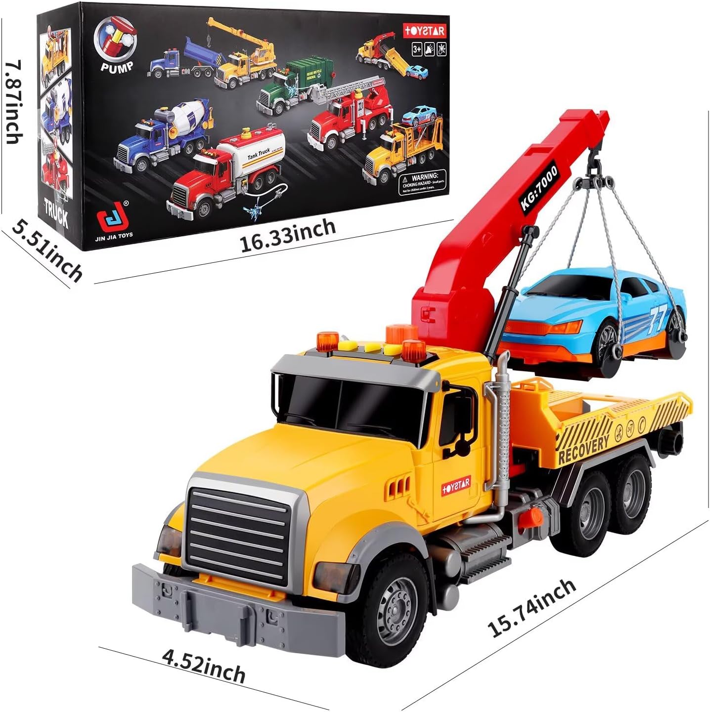 Detalle 2 de Dwi Dowellin 15-Inch Friction-Powered Tow Truck with Roadster — Lights, Sounds, and a Fun Rescue Set for Kids 3–7