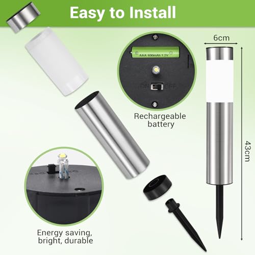 Detalle de Heinstian Warmweiß Solarlampen für Außen – Edelstahl Solarleuchten Garten (4 Stück) mit Schalter, IP45