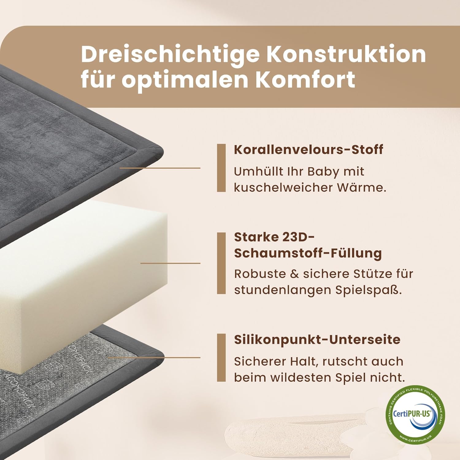 Thumbnail 4 de ACOMOPACK Baby Krabbelmatte 150x200x3,5 cm – große Spielmatte mit Schaumfüllung und rutschfester Unterseite (dunkelgrau)