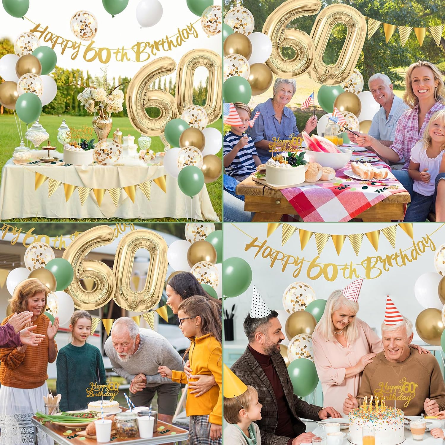 Detalle de Saga Green 60th Birthday Decorations Set – Sage Green, White & Gold Party Kit